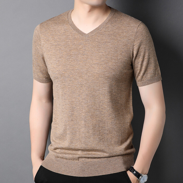 Short Sleeve V Neck Wool Pullove Sweater