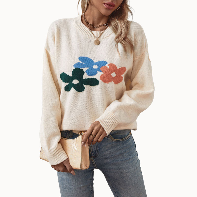 Women Flower Jacquard Pullover Knit Sweater