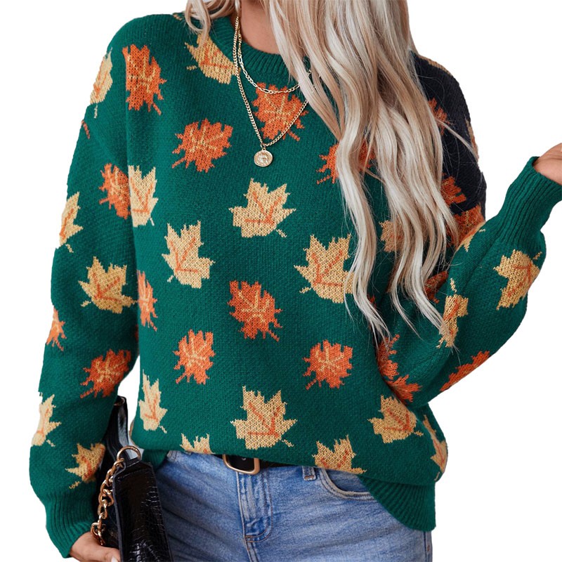 Women Maple Tree Leaves Round Neck Sweater